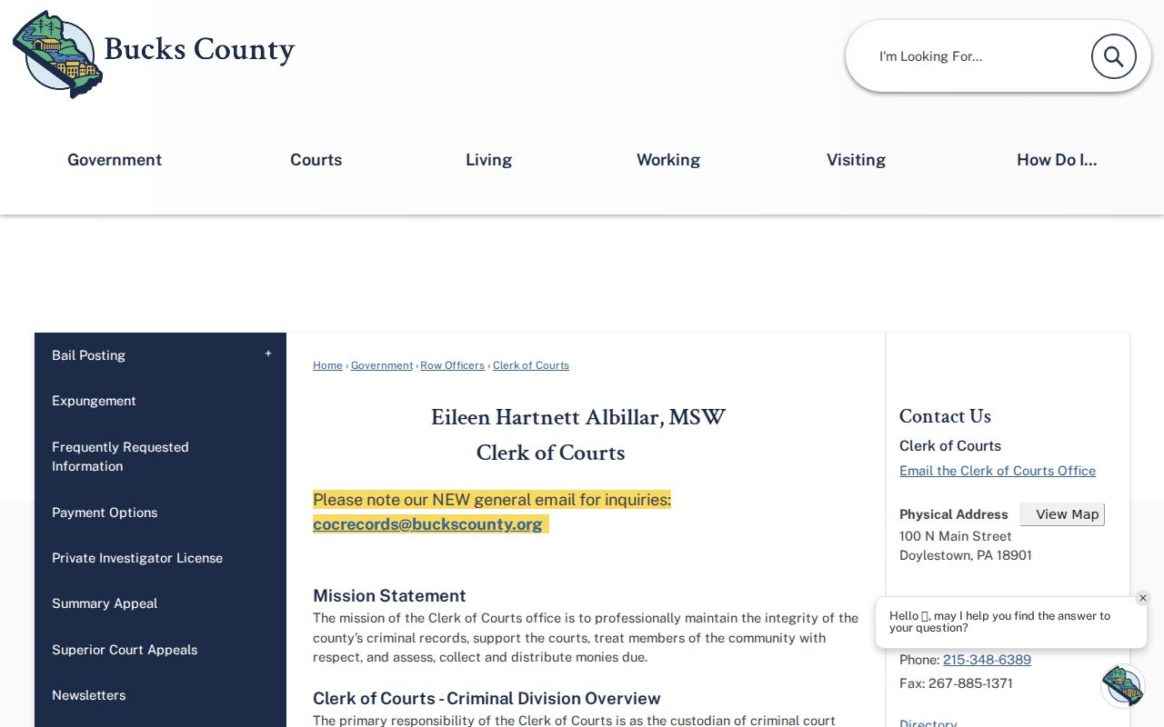 Bucks County Clerk of Courts criminal record and CPCMS information