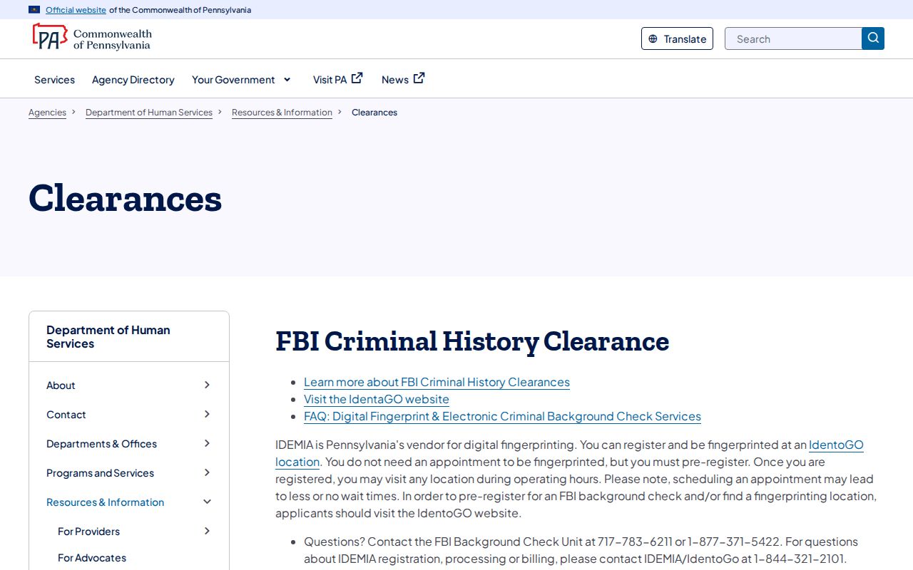 Pennsylvania fingerprint clearance guidance for Bucks County criminal records