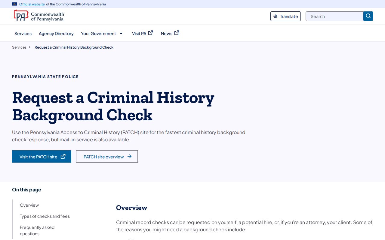 Pennsylvania State Police PATCH guidance for Bucks County criminal history checks