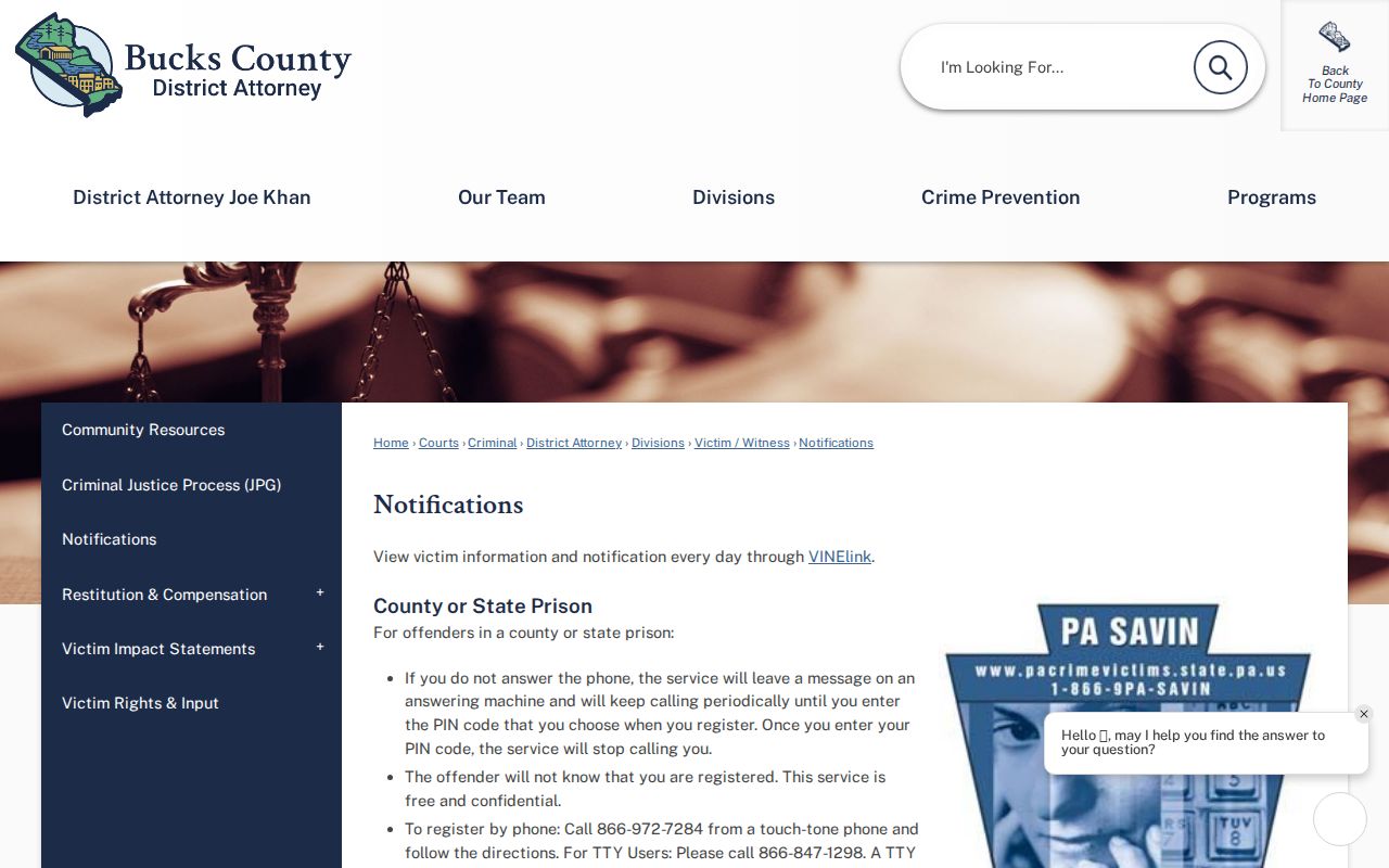 Bucks County court case and custody notification channels