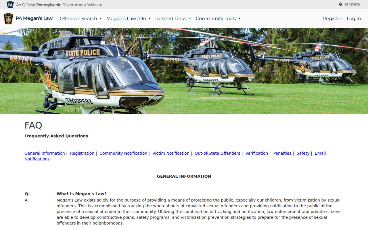 Pennsylvania State Police Megan's Law registry frequently asked questions