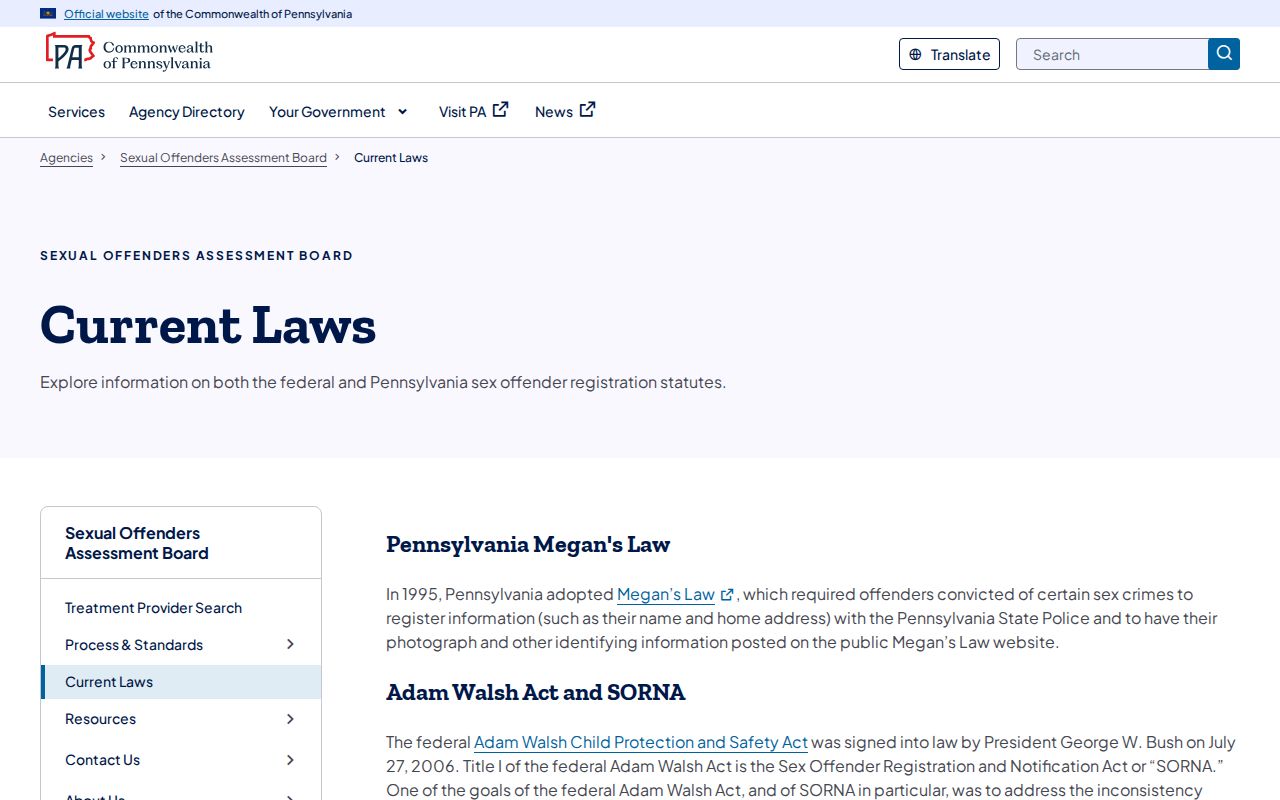 Pennsylvania sex offender registration law history and current laws