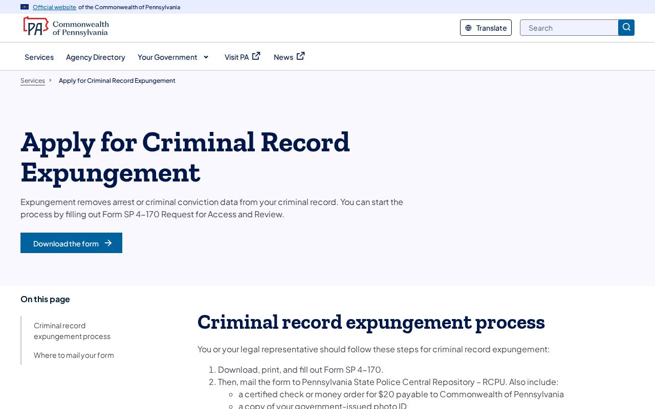 Pennsylvania State Police access and review and criminal record expungement guidance