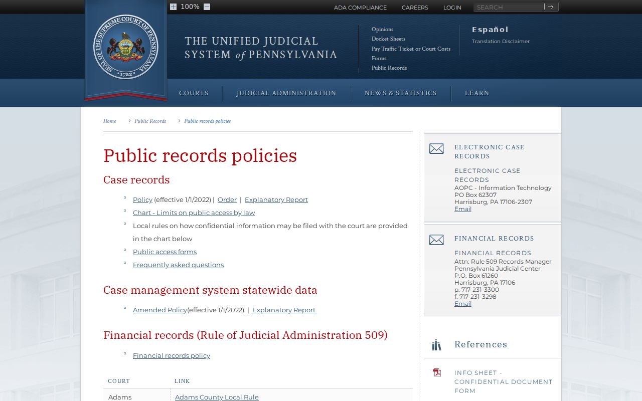 Pennsylvania Unified Judicial System public court record policies
