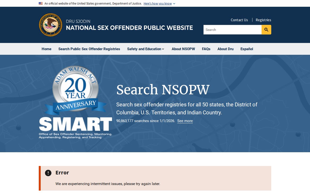 United States Department of Justice national sex offender public website search