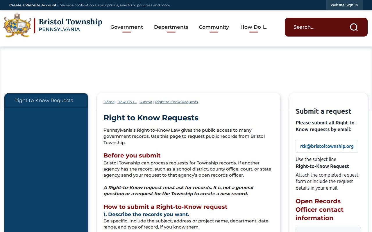 Bristol Township criminal record Right-to-Know request instructions